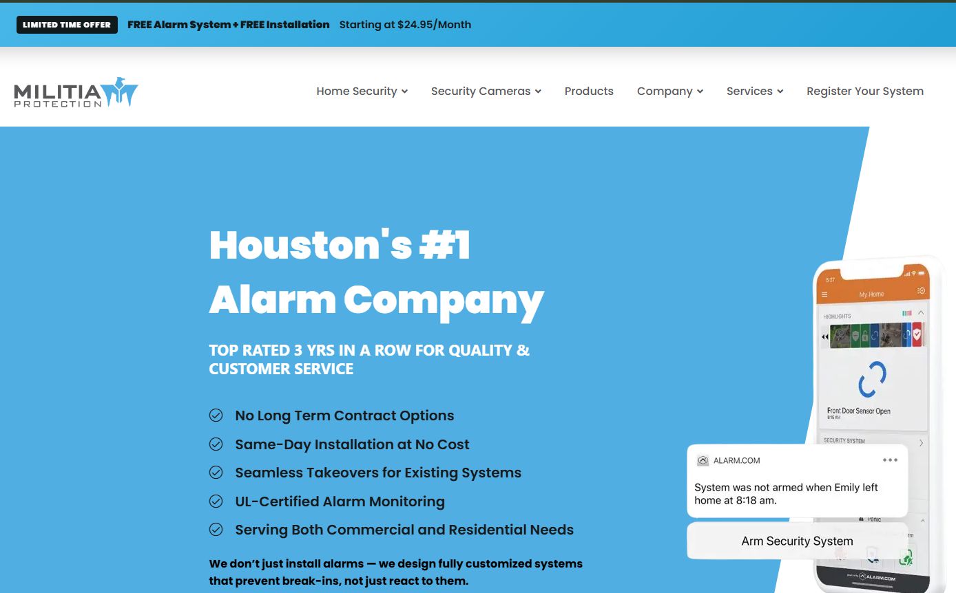 Militia Protection alarm system interface displaying status, notifications, and security options for homeowners
