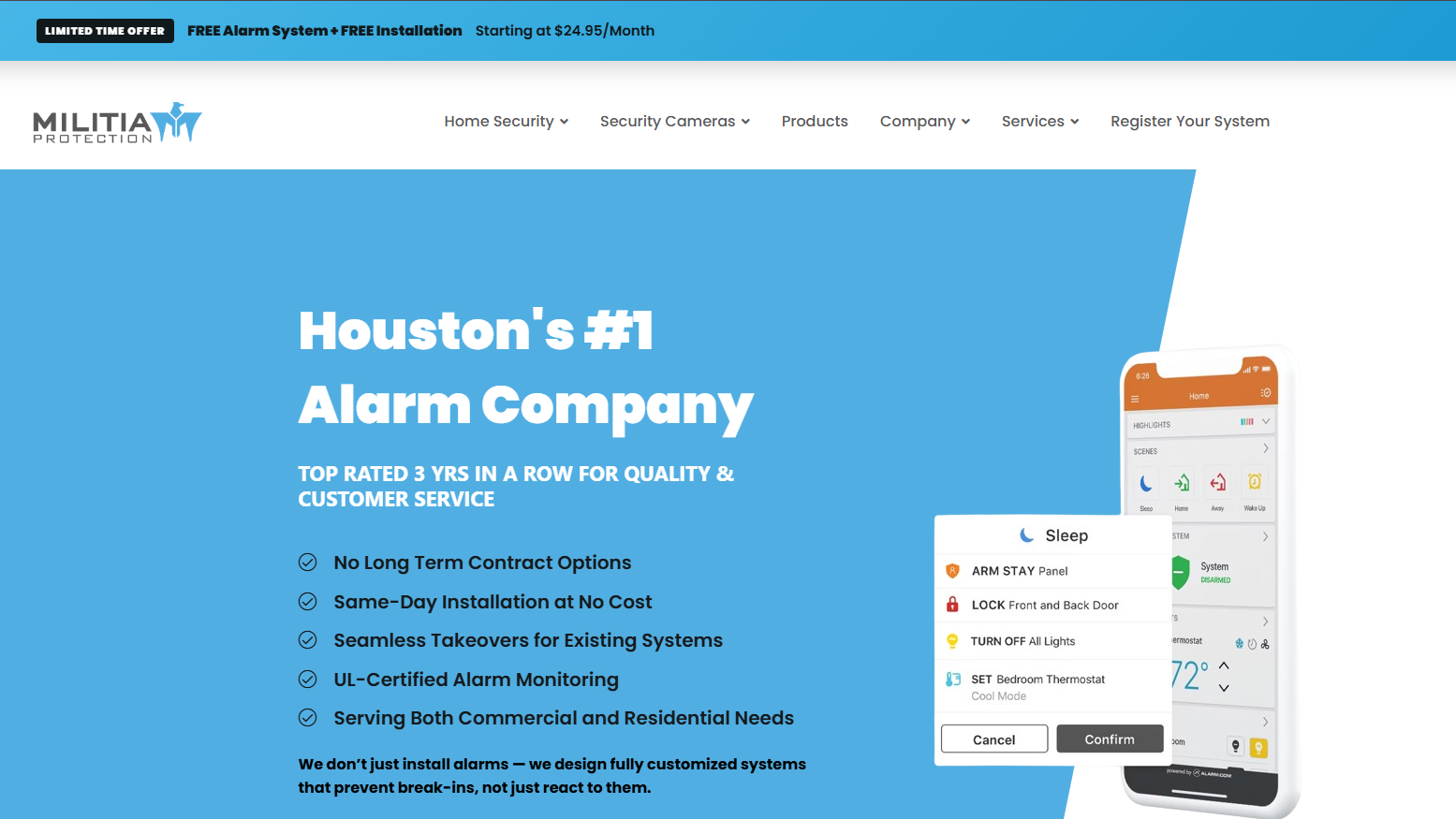 Militia Protection website homepage showing 'Houston's #1 Alarm Company' banner with app screenshot