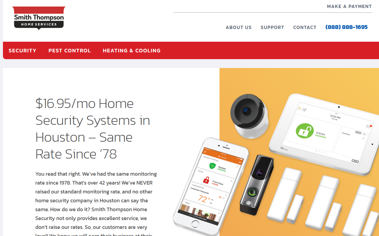 Smith Thompson Home Services website homepage showing '$16.95/mo Home Security Systems in Houston' offer with camera and security devices