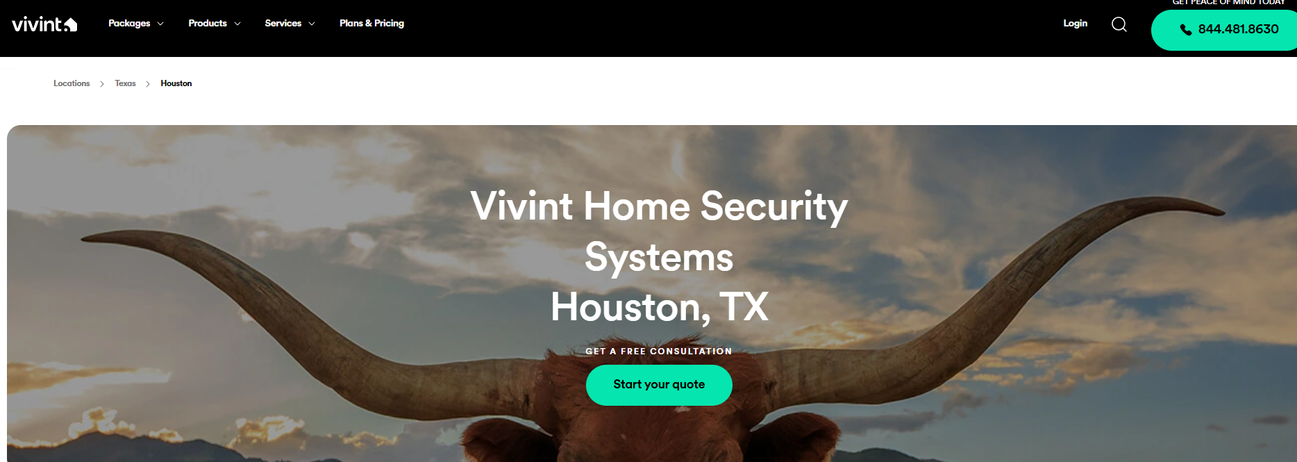 Vivint website homepage showing a Texas longhorn hero image with the headline Vivint Home Security Systems Houston, TX and a Start your quote button