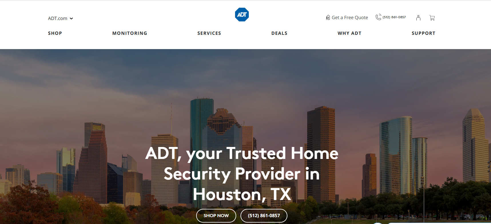 ADT website homepage showing the Houston, TX skyline at dusk with the headline ADT, your Trusted Home Security Provider in Houston, TX and Shop Now / phone number buttons