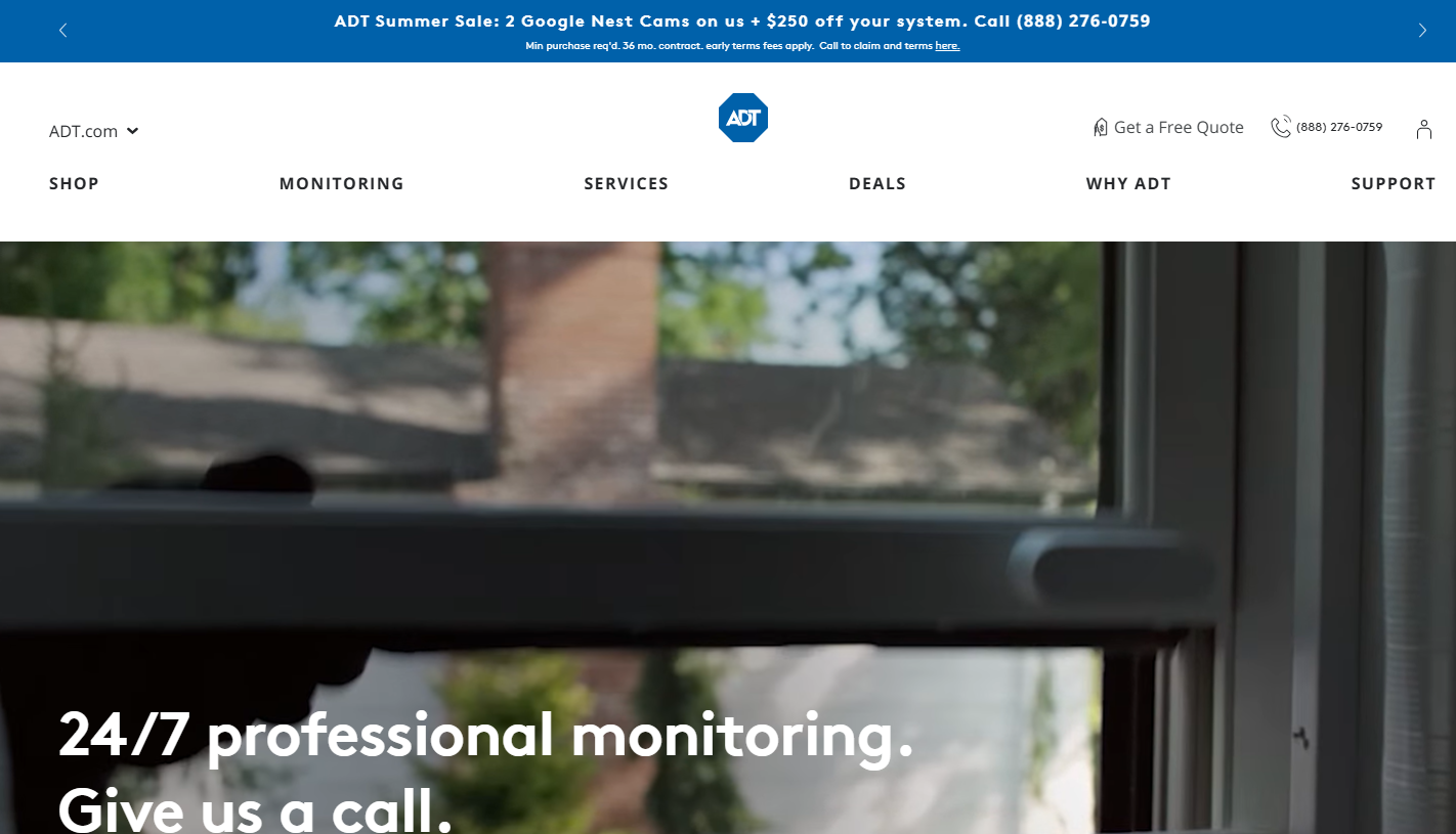 ADT website homepage showing '24/7 professional monitoring. Give us a call.' banner