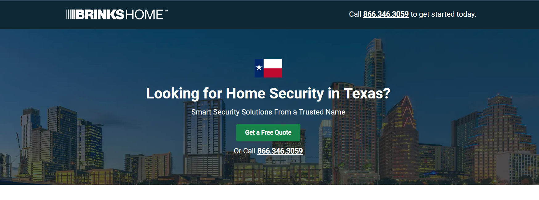 Brinks Home website homepage showing a Texas skyline at night with the headline Looking for Home Security in Texas? and a Get a Free Quote button