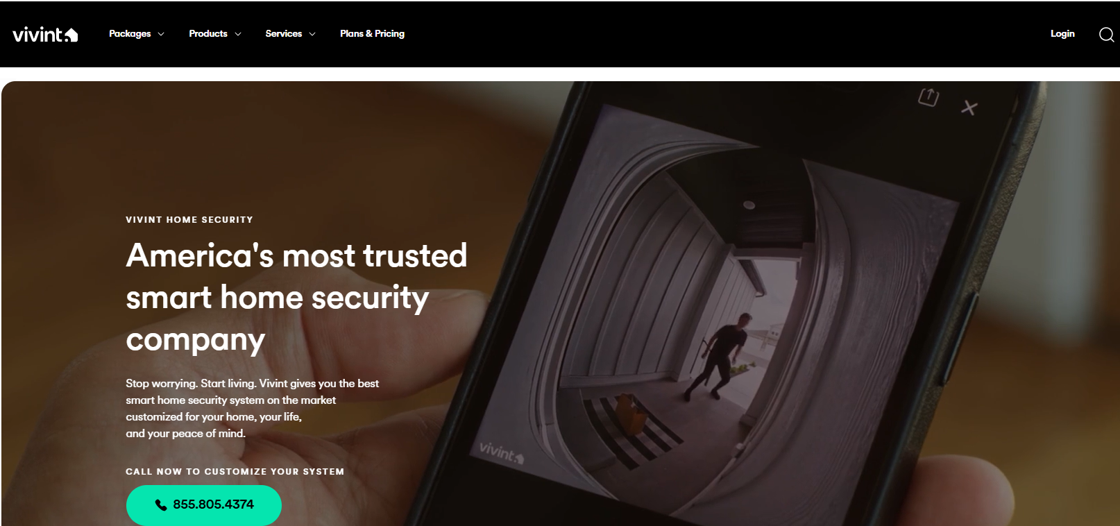 Vivint website homepage showing 'America's most trusted smart home security company' banner with doorbell camera app screenshot