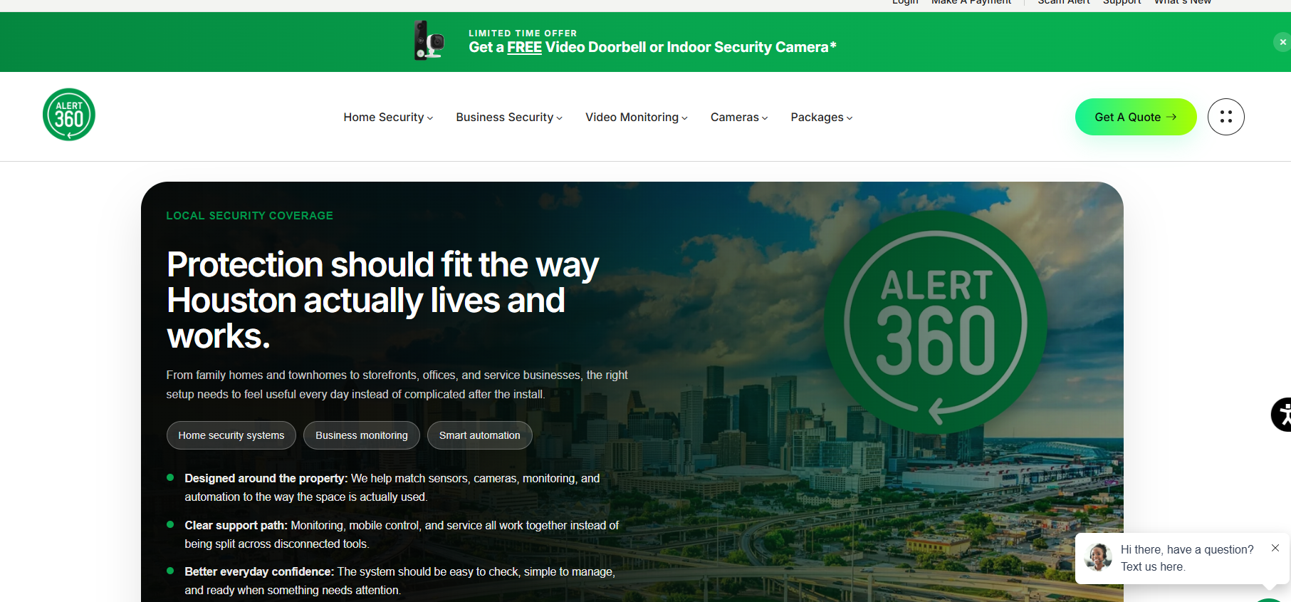 Alert 360 website homepage showing 'Protection should fit the way Houston actually lives and works' banner