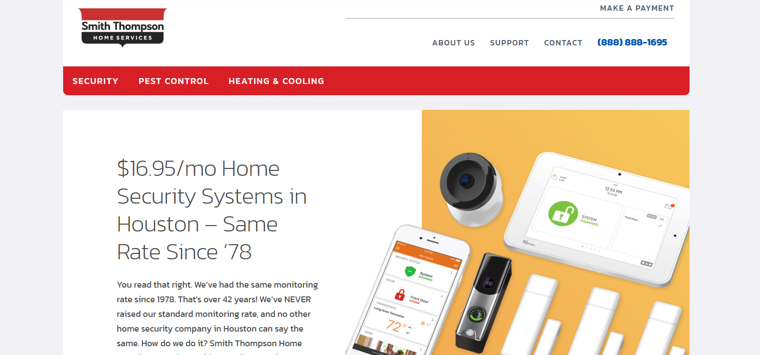 Smith Thompson Home Services website homepage showing security equipment on an orange background with the headline $16.95/mo Home Security Systems in Houston - Same Rate Since '78