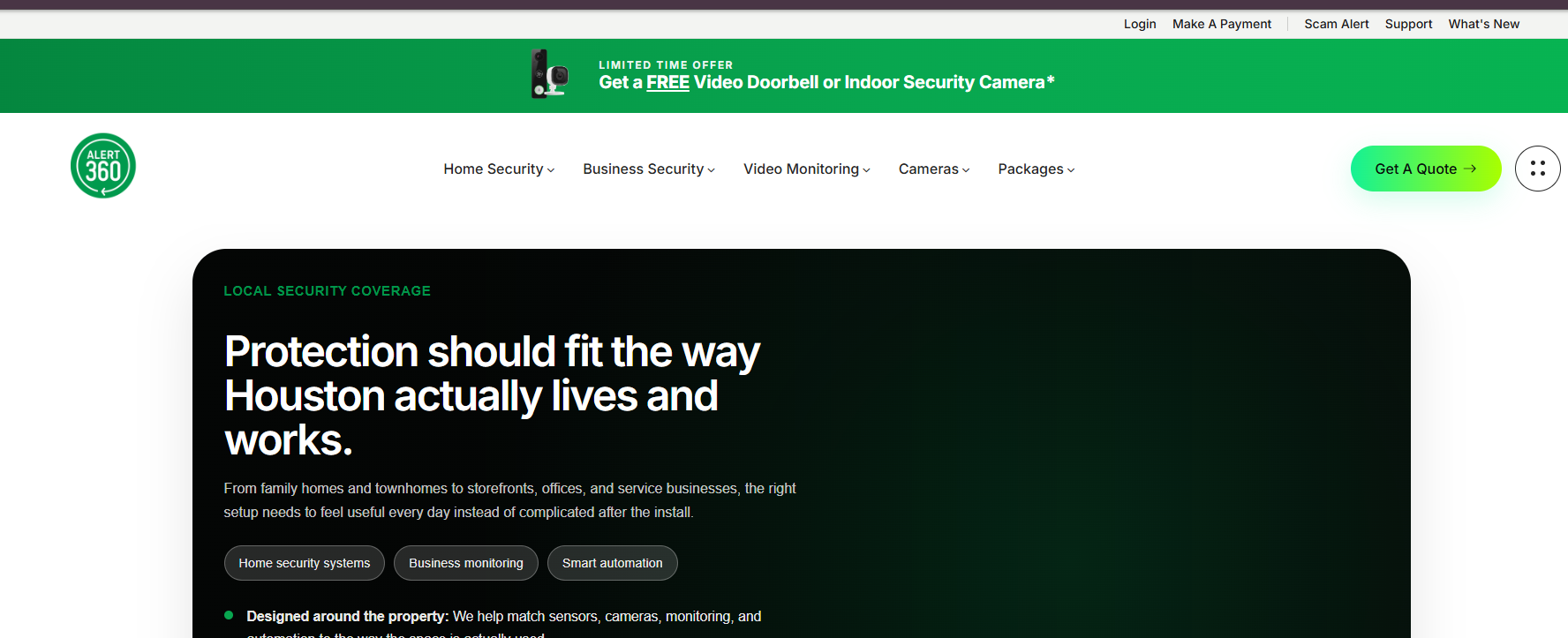 Alert 360 website homepage on a dark green background with the headline Protection should fit the way Houston actually lives and works and Home security systems, Business monitoring, and Smart automation tags