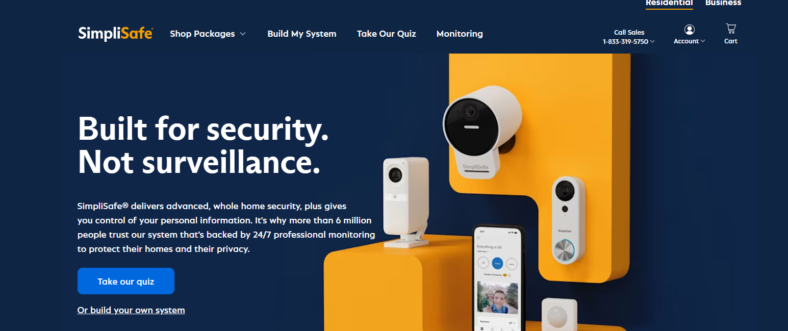 SimpliSafe website homepage showing 'Built for security. Not surveillance.' banner with camera and sensor devices