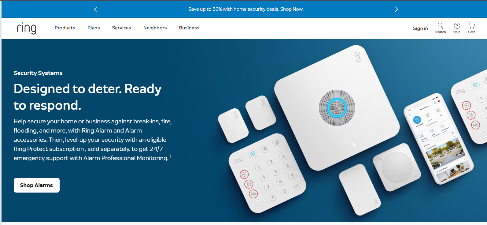 Ring website homepage showing 'Designed to deter. Ready to respond.' Security Systems banner with alarm base station and sensors