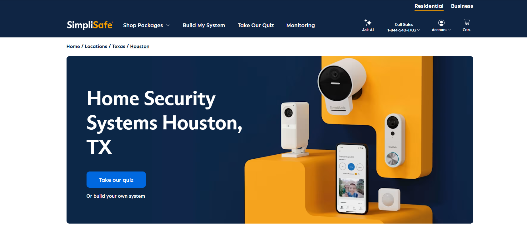 SimpliSafe website homepage showing security devices on a navy and orange background with the headline Home Security Systems Houston, TX and a Take our quiz button