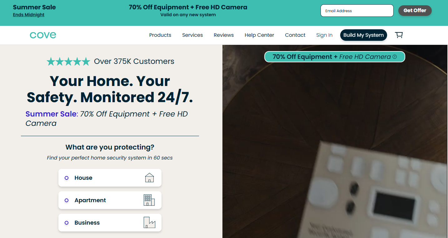 Cove website homepage showing 'Your Home. Your Safety. Monitored 24/7.' banner with Summer Sale offer