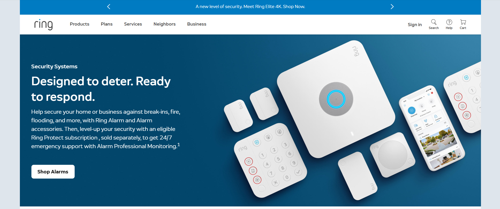 Ring website homepage on a dark blue background showing Ring Alarm hardware with the headline Designed to deter. Ready to respond. and a Shop Alarms button