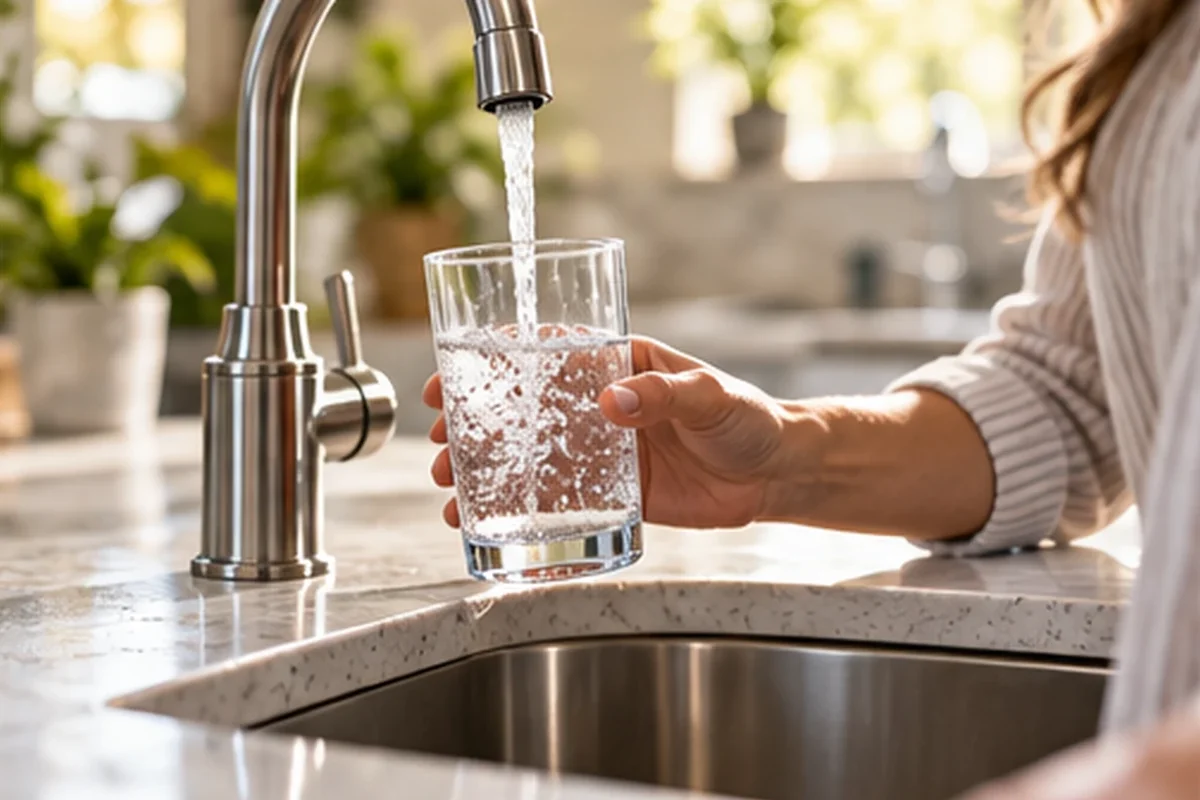 Filling a glass of clean water at the kitchen tap